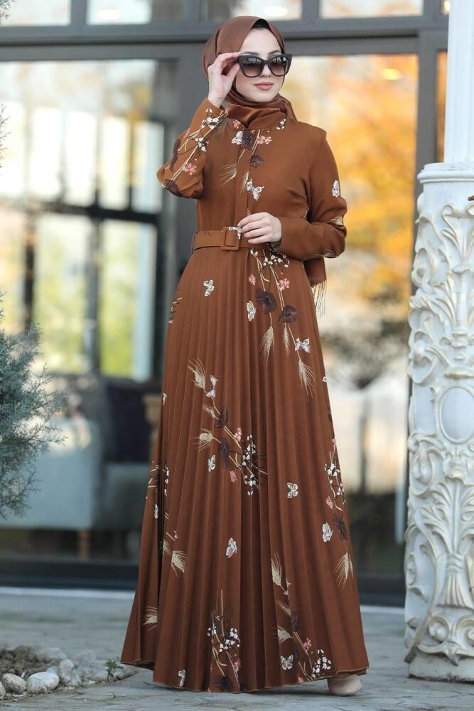Neva Style - Kelebek Desenli Taba Tesettür Elbise 14534TB - 2