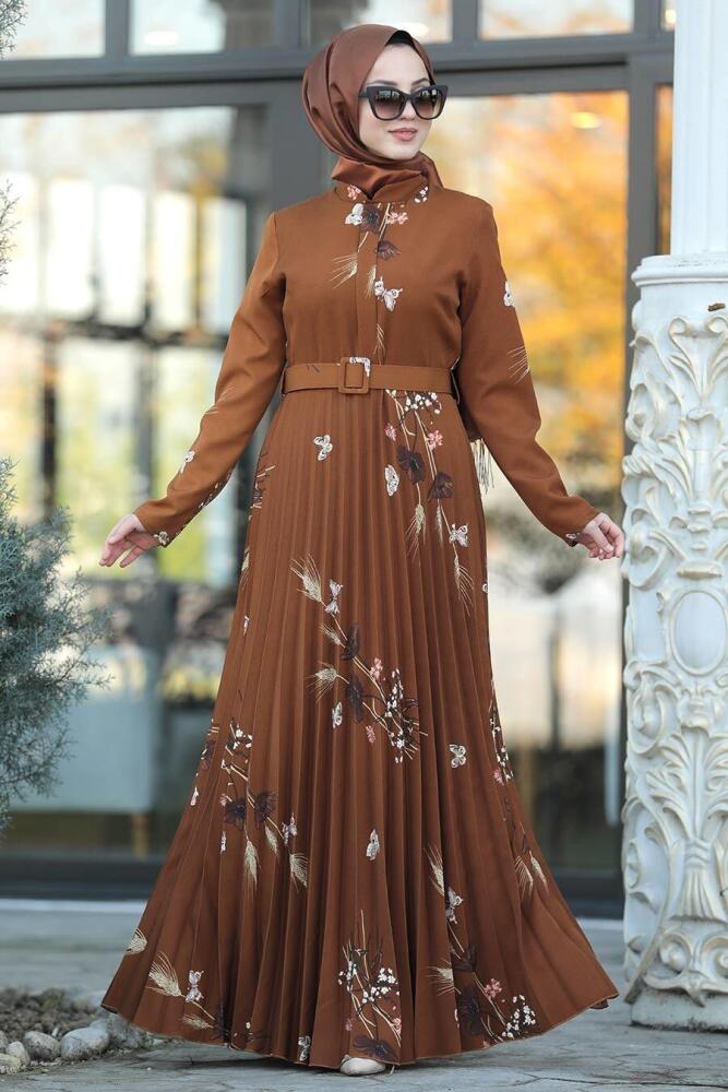 Neva Style - Kelebek Desenli Taba Tesettür Elbise 14534TB - 1