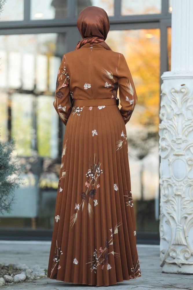 Neva Style - Kelebek Desenli Taba Tesettür Elbise 14534TB - 4