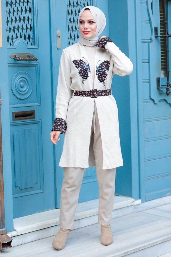 Neva Style - Kelebek Detaylı Bej Tesettür Triko Hırka 3008BEJ - NEVA STYLE