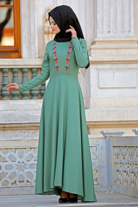 Neva Style - Kelebek Nakışlı Çağla Yeşili Tesettür Elbise 41960CY