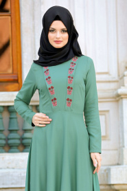 Neva Style - Kelebek Nakışlı Çağla Yeşili Tesettür Elbise 41960CY - Thumbnail