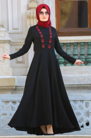Neva Style - Kelebek Nakışlı Siyah Tesettür Elbise 41960S - Thumbnail