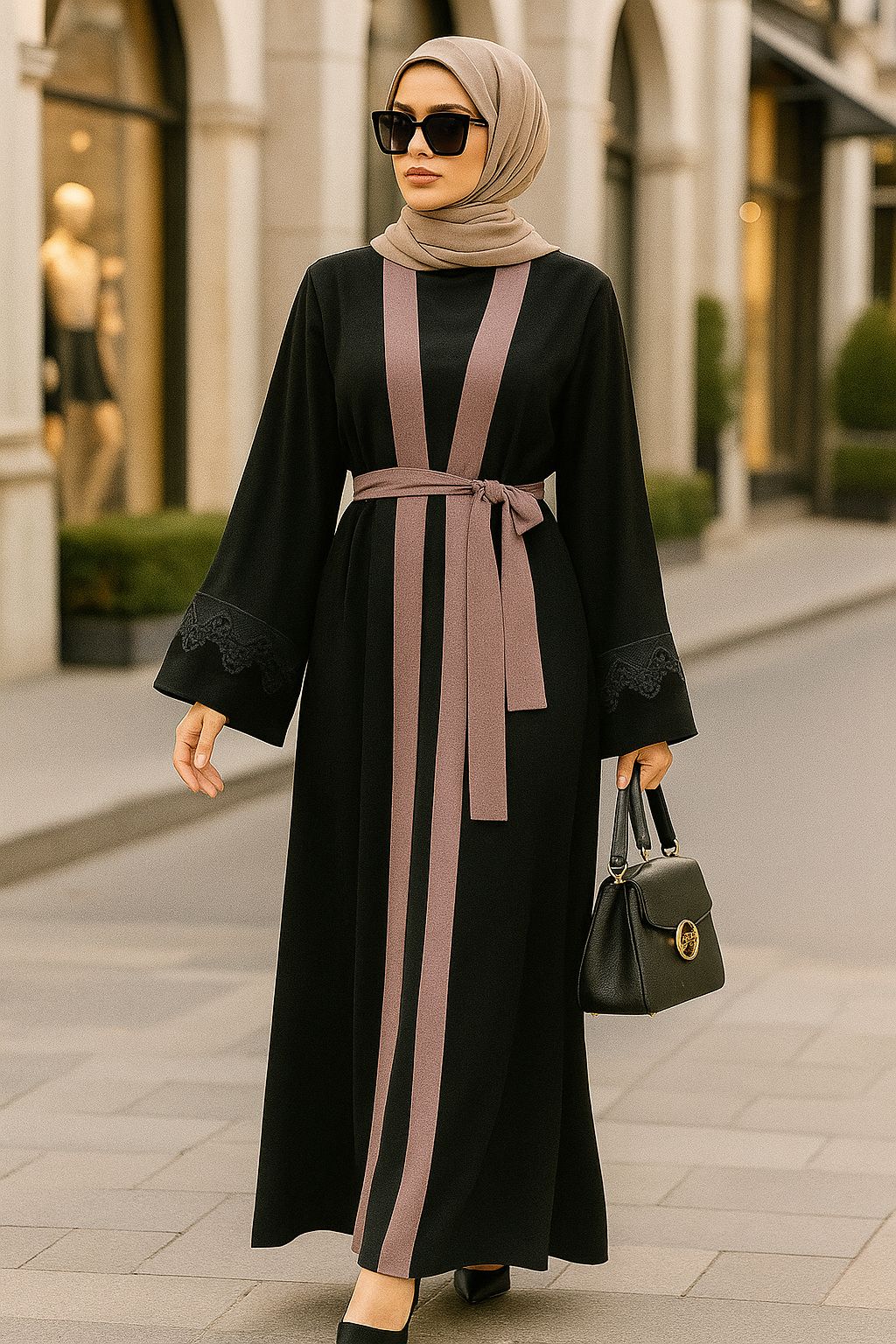  Kemerli Açık Gül Kurusu Tesettür Abaya 55440AGK