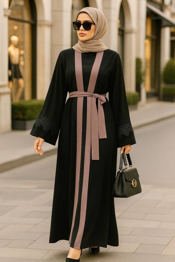  Kemerli Açık Gül Kurusu Tesettür Abaya 55440AGK - 1