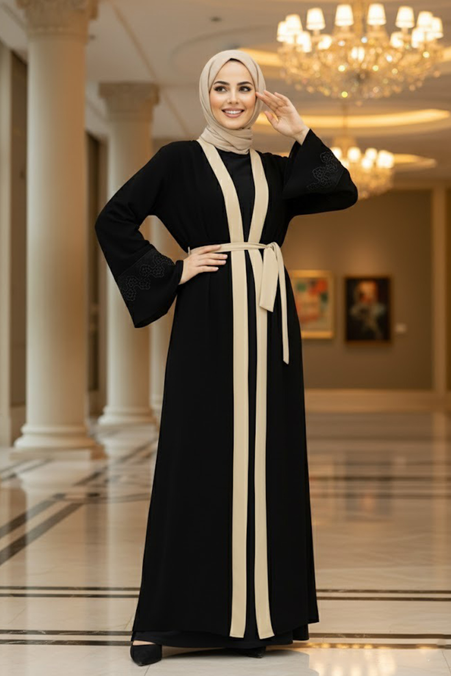  Kemerli Bej Tesettür Abaya 55440BEJ