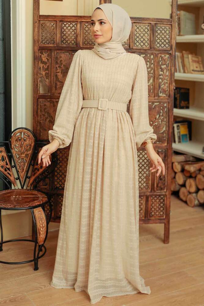Neva Style - Kemerli Bej Tesettür Elbise 10404BEJ - NEVA STYLE