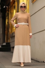 Neva Style - Kemerli Bej Tesettür Elbise 11073BEJ - Thumbnail