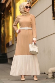 Neva Style - Kemerli Bej Tesettür Elbise 11073BEJ - Thumbnail