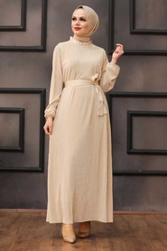 Neva Style - Kemerli Bej Tesettür Elbise 12151BEJ - Thumbnail