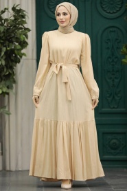 Neva Style - Kemerli Bej Tesettür Elbise 5193BEJ - Thumbnail