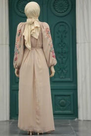 Neva Style - Kemerli Bej Tesettür Elbise 8889BEJ - Thumbnail