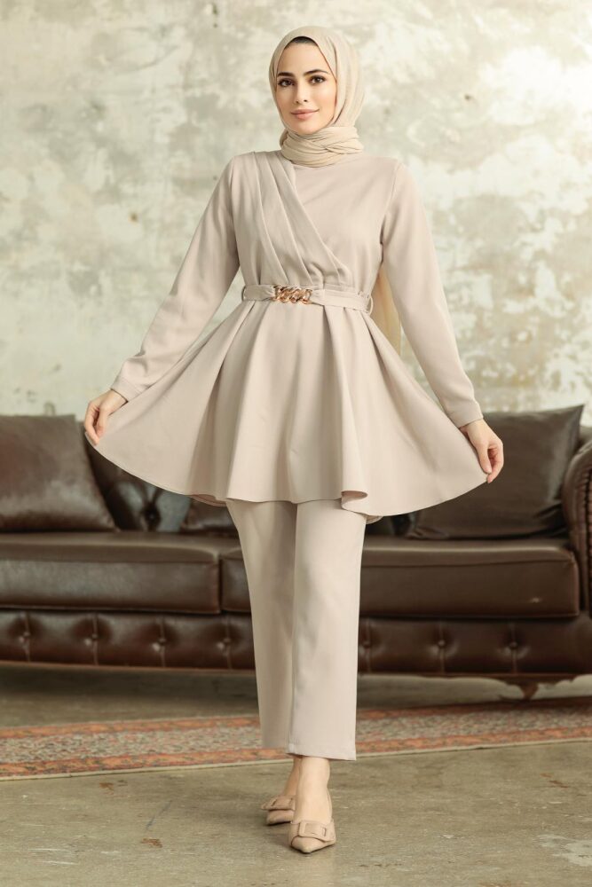  Neva Style - Kemerli Bej Tesettür İkili Takım 5860BEJ - 4