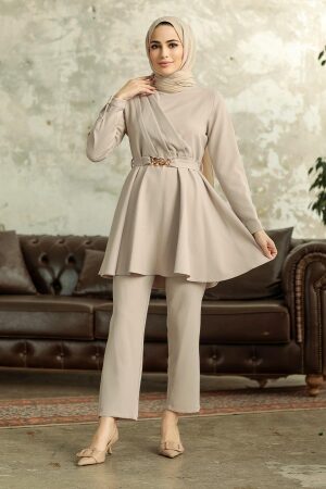  Neva Style - Kemerli Bej Tesettür İkili Takım 5860BEJ - 2
