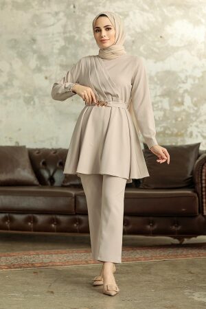  Neva Style - Kemerli Bej Tesettür İkili Takım 5860BEJ - 5
