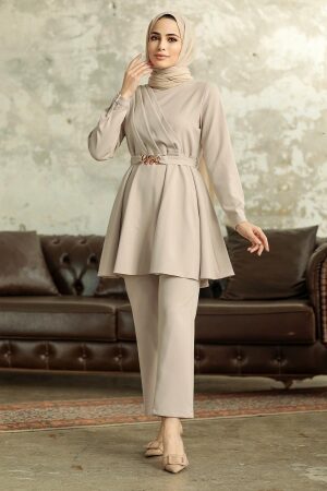  Neva Style - Kemerli Bej Tesettür İkili Takım 5860BEJ - 1