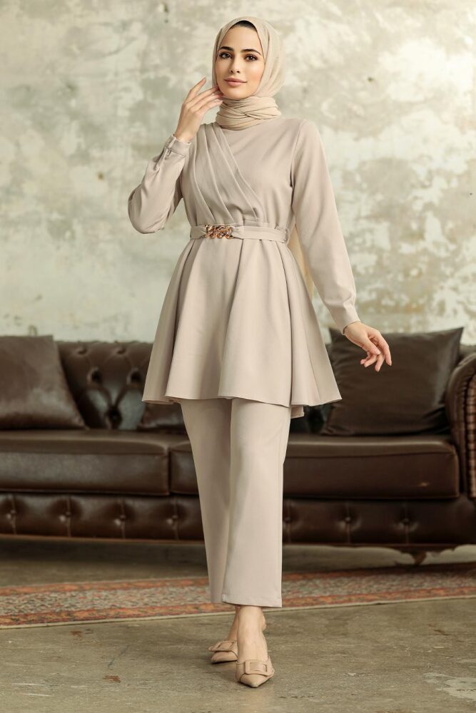  Neva Style - Kemerli Bej Tesettür İkili Takım 5860BEJ - 1
