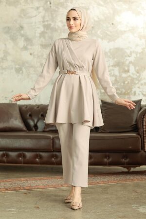  Neva Style - Kemerli Bej Tesettür İkili Takım 5860BEJ - 3