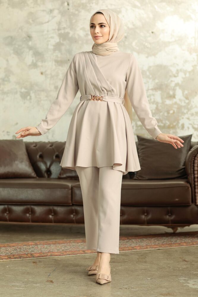  Neva Style - Kemerli Bej Tesettür İkili Takım 5860BEJ - 3