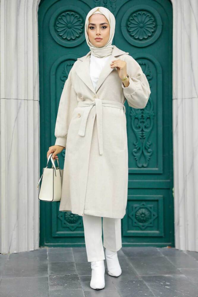 Neva Style - Kemerli Bej Tesettür Kaşe Kap 5802BEJ - 2