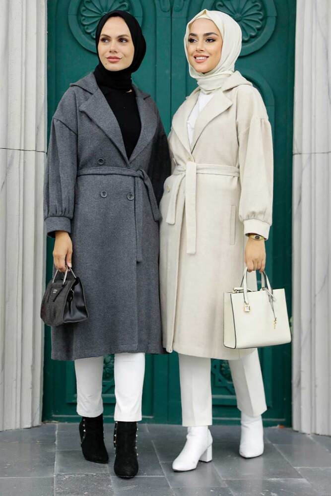 Neva Style - Kemerli Bej Tesettür Kaşe Kap 5802BEJ - 4