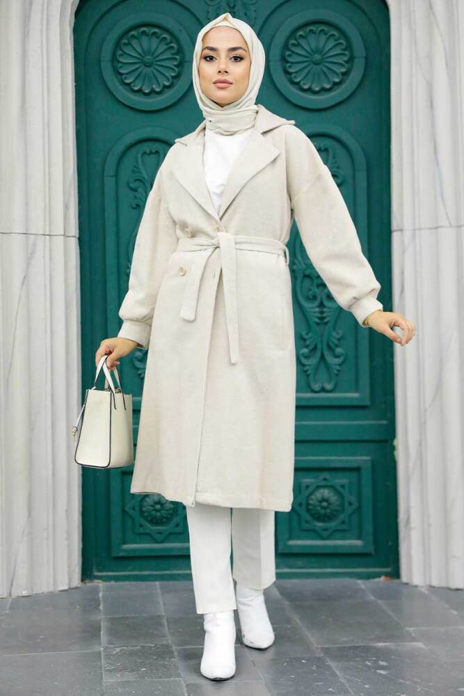 Neva Style - Kemerli Bej Tesettür Kaşe Kap 5802BEJ - NEVA STYLE