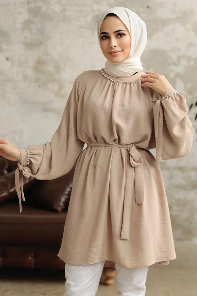 Neva Style - Kemerli Bej Tesettür Tunik 597BEJ - 2