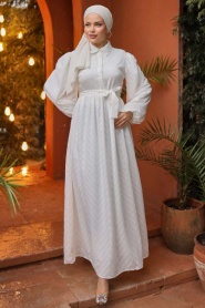 Neva Style - Kemerli Beyaz Tesettür Elbise 14121B - Thumbnail