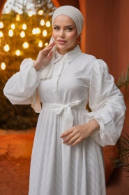 Neva Style - Kemerli Beyaz Tesettür Elbise 14121B - Thumbnail
