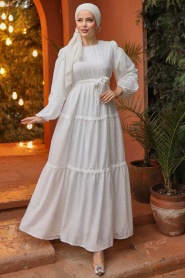 Neva Style - Kemerli Beyaz Tesettür Elbise 14131B - Thumbnail
