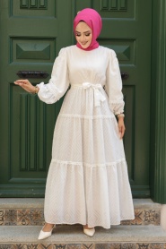 Neva Style - Kemerli Beyaz Tesettür Elbise 14131B - Thumbnail