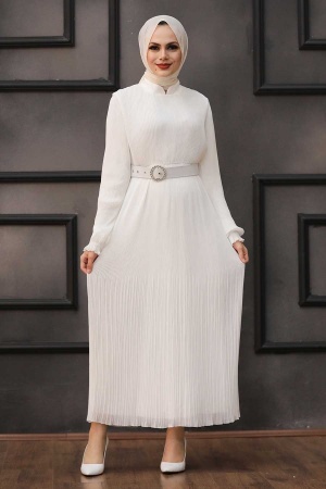 Neva Style - Kemerli Beyaz Tesettür Elbise 2751B - 1