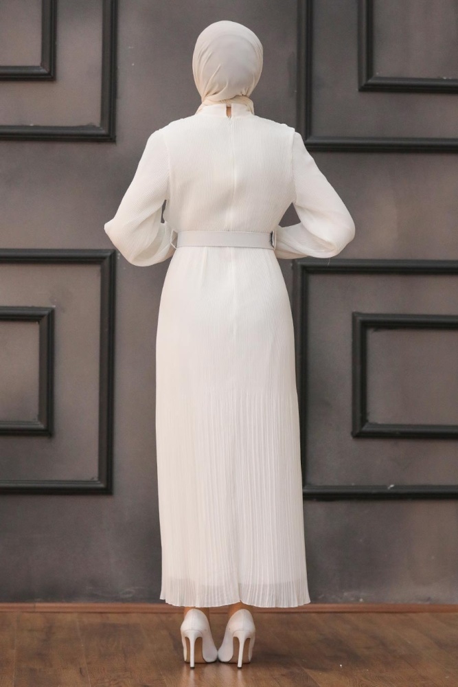 Neva Style - Kemerli Beyaz Tesettür Elbise 2751B - 2