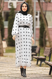 Neva Style - Kemerli Beyaz Tesettür Elbise 8725B - Thumbnail