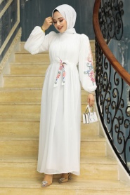 Neva Style - Kemerli Beyaz Tesettür Elbise 8889B - Thumbnail