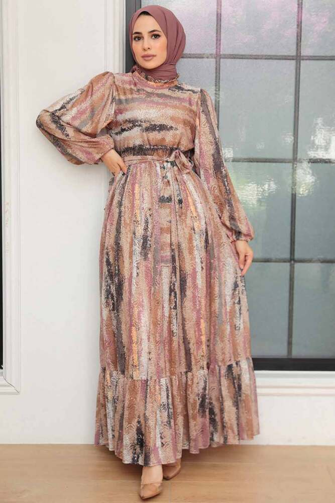 Neva Style - Kemerli Bisküvi Tesettür Elbise 12101BS - NEVA STYLE