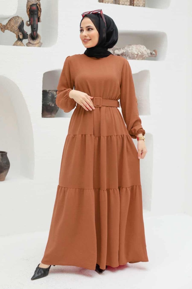 Neva Style - Kemerli Bisküvi Tesettür Elbise 13024BS - 1