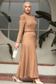 Neva Style - Kemerli Bisküvi Tesettür Elbise 554BS - Thumbnail