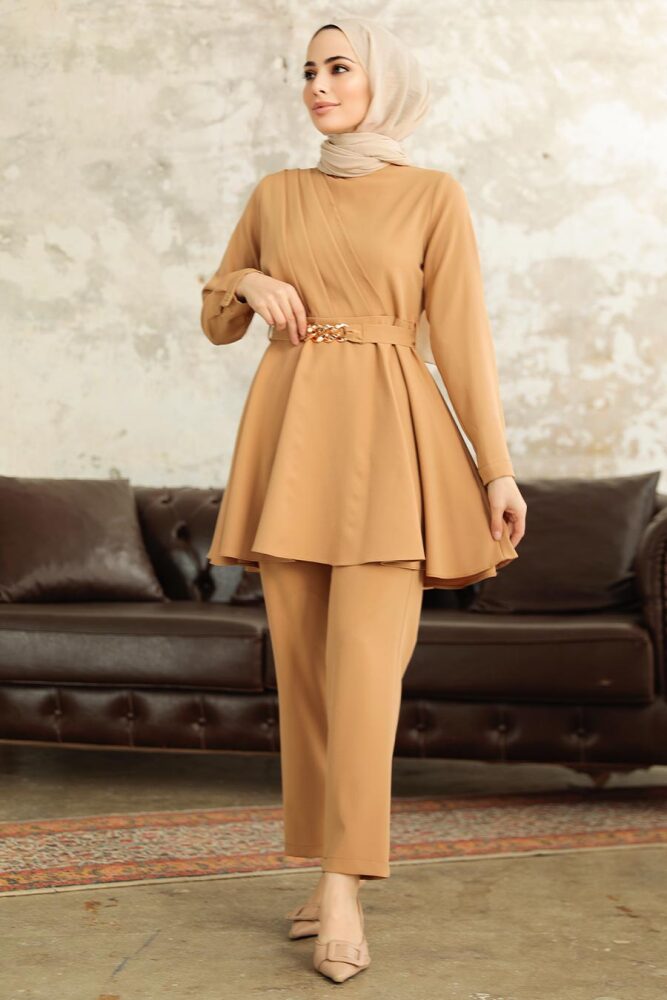 Neva Style - Kemerli Bisküvi Tesettür İkili Takım 5860BS - NEVA STYLE