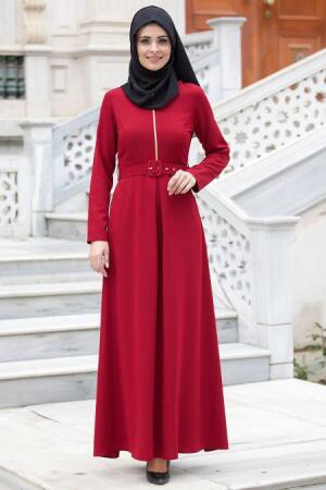 Neva Style - Kemerli Bordo Elbise - 1