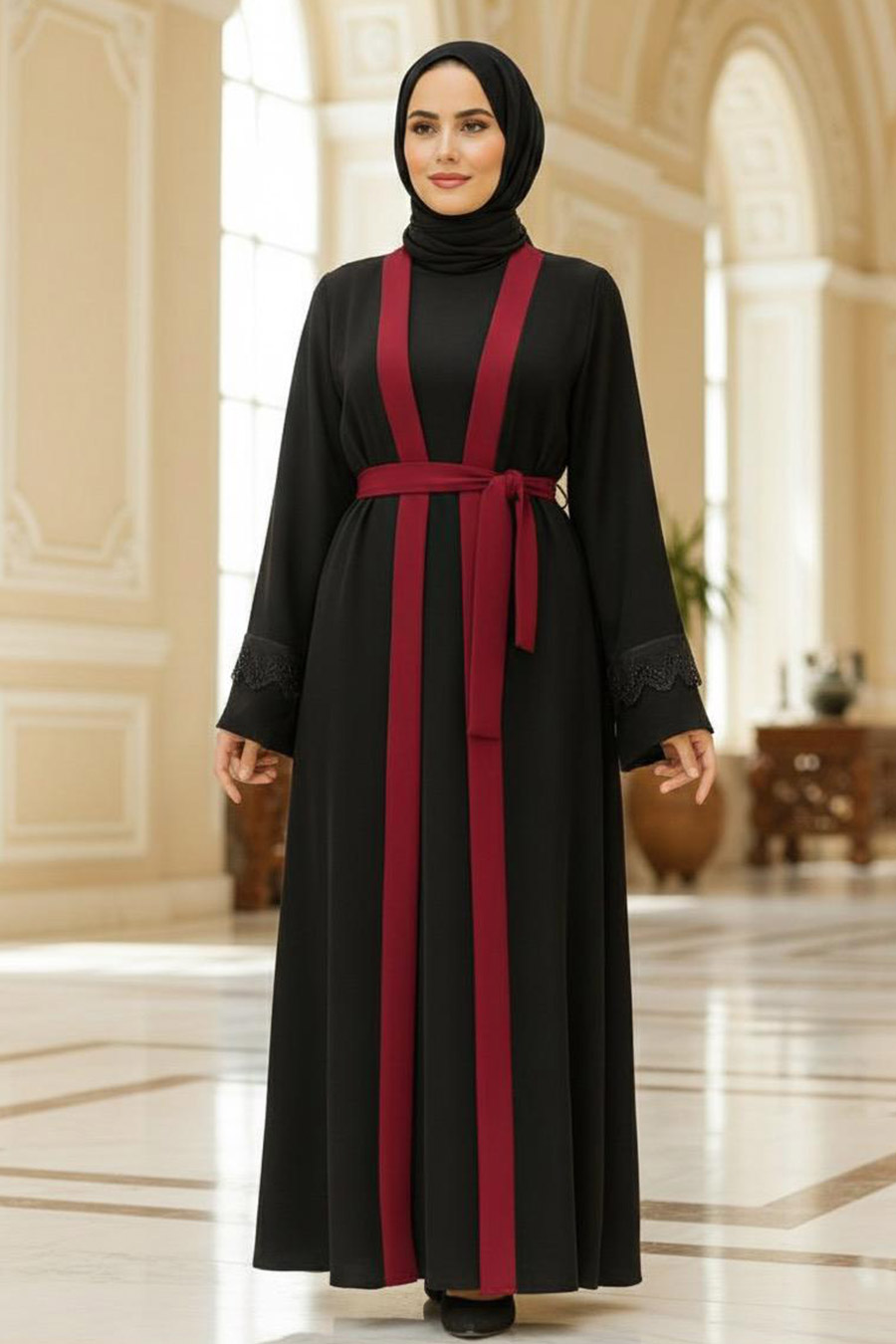  Kemerli Bordo Tesettür Abaya 55440BR