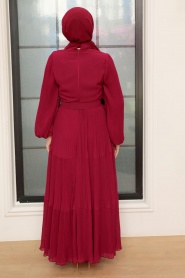 Neva Style - Kemerli Bordo Tesettür Elbise 3590BR - Thumbnail