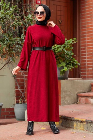 Neva Style - Kemerli Bordo Tesettür Triko Elbise 5190BR - 1