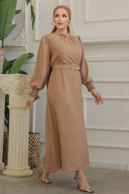 Neva Style - Kemerli Camel Tesettür Elbise 661C - Thumbnail