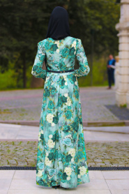 Neva Style - Kemerli Çiçek Desenli Çağla Yeşili Tesettür Elbise 2417CY - Thumbnail