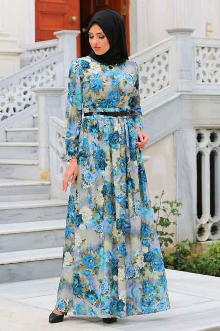 Neva Style - Kemerli Çiçek Desenli Petrol Mavisi Tesettür Elbise 2417PM