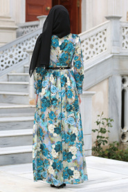 Neva Style - Kemerli Çiçek Desenli Petrol Mavisi Tesettür Elbise 2417PM - Thumbnail