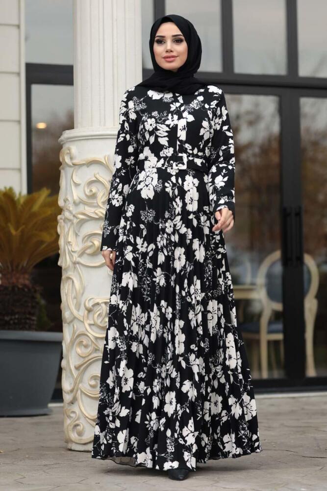 Neva Style - Kemerli Desenli Siyah Tesettür Elbise 14531S - 1