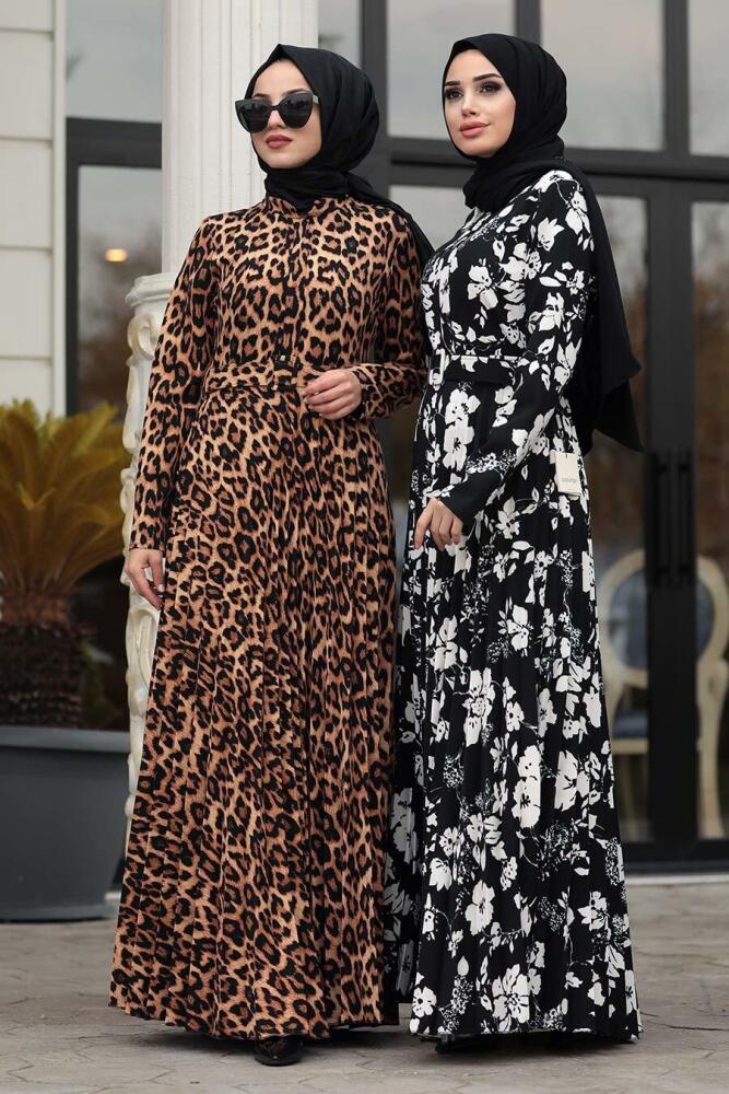 Neva Style - Kemerli Desenli Siyah Tesettür Elbise 14531S - 2