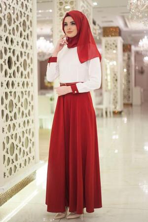 Neva Style - Kemerli Ekru/Bordo Tesettür Elbise 41110BR - 1